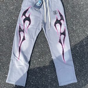 Gray Sweatpants with Pink and Black Flame Design